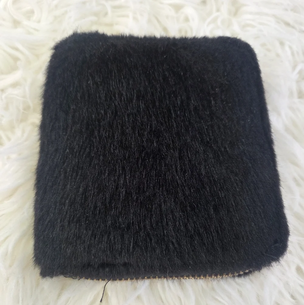 Claire's Black Gold Square Zip Around Elegant Faux Fur Wallet Clutch Purse